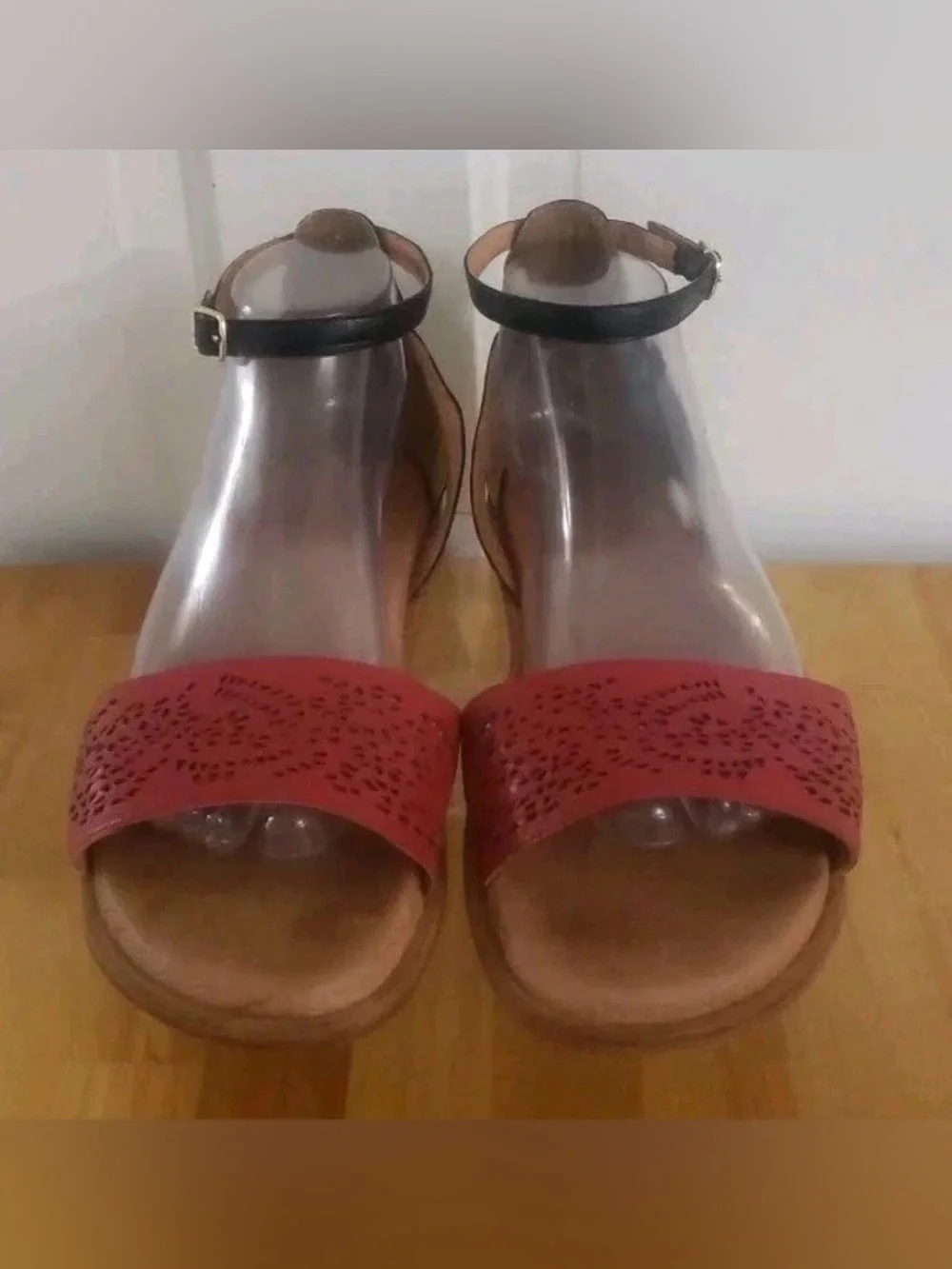 Red Laser-Cut Ankle-Strap Flat Sandals